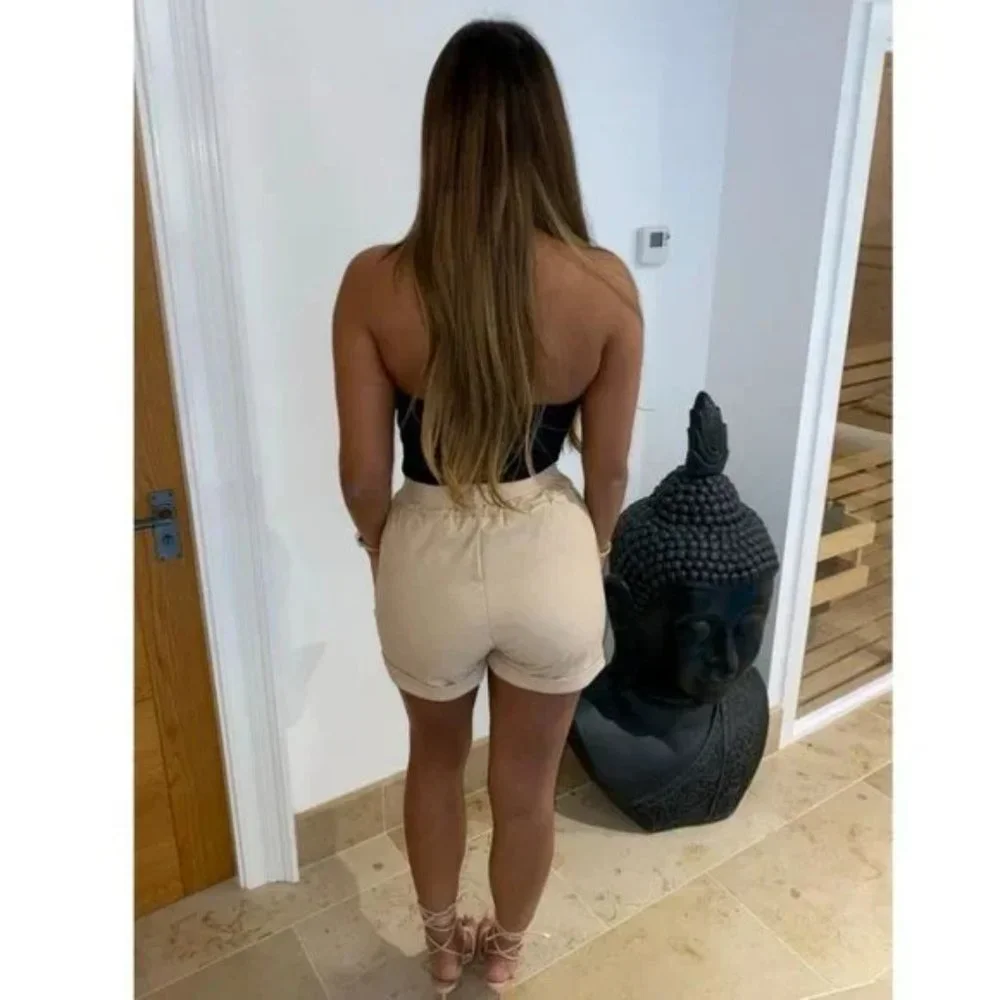 Beige Vegan Leather Faux Leather High Waist Cuffed Paper Bag Waist Shorts - Picture 13 of 17